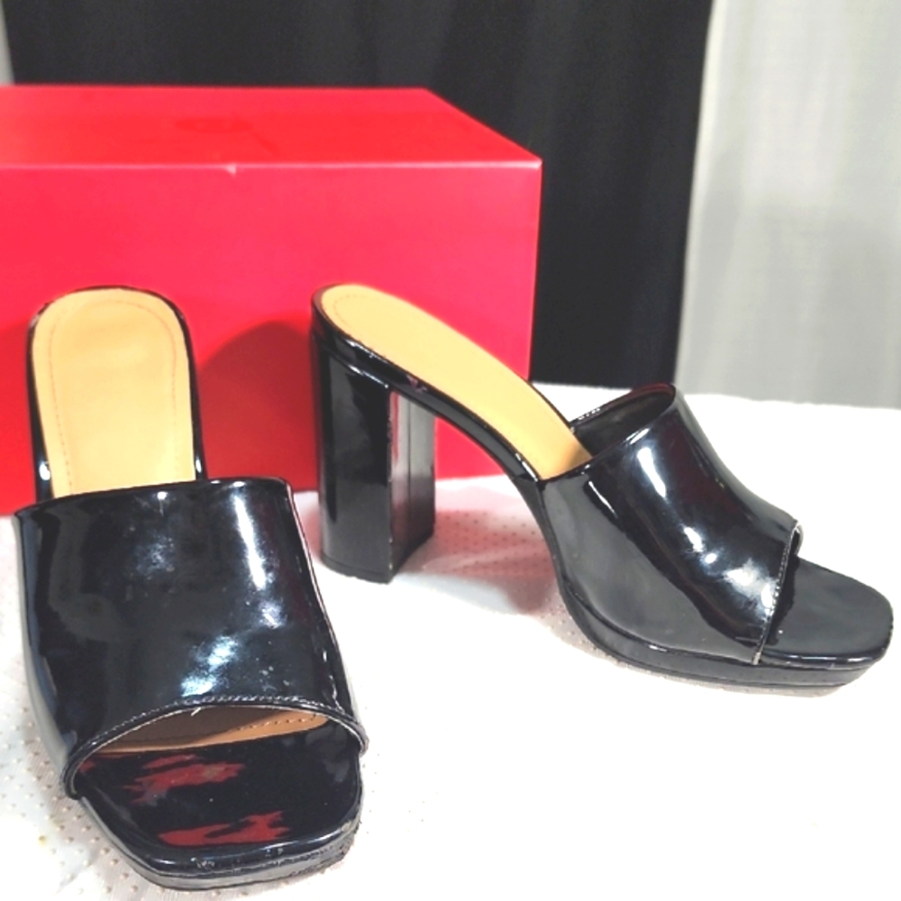 Rouge Helium Patent Leather Block Heel Slide Sandals.  7